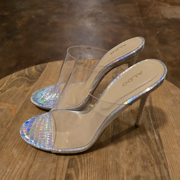 ALDO Silver Dussa Mule Sandals “Animal Attack” Clear Strap Heels Size 7.5 - Picture 3 of 7